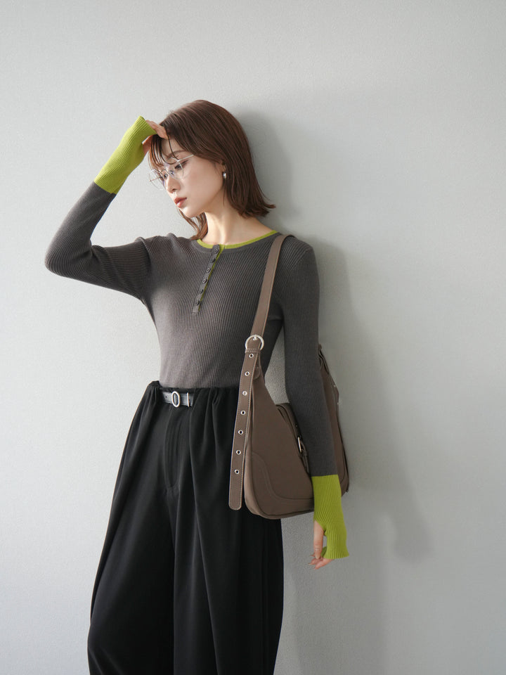 [2]ヘンリーネック配色リブニットトップス/チャコール