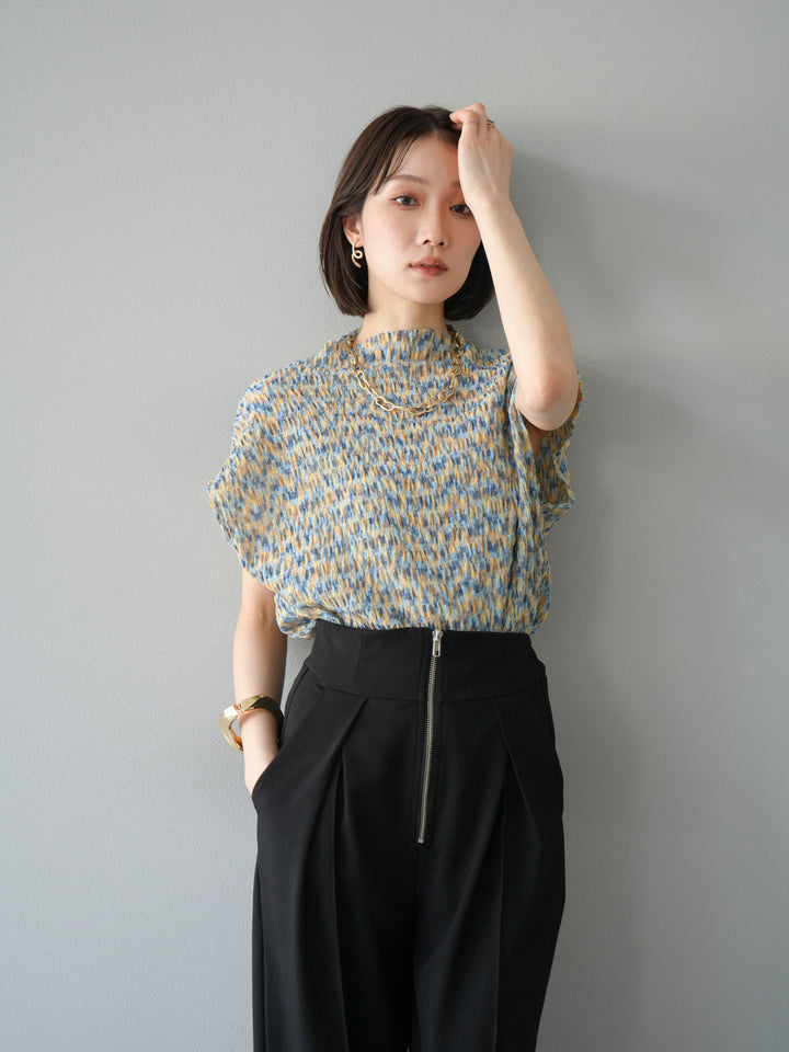 [SET] 多色隨機百褶法式上衣+拉鍊褶襉寬褲（2件套）