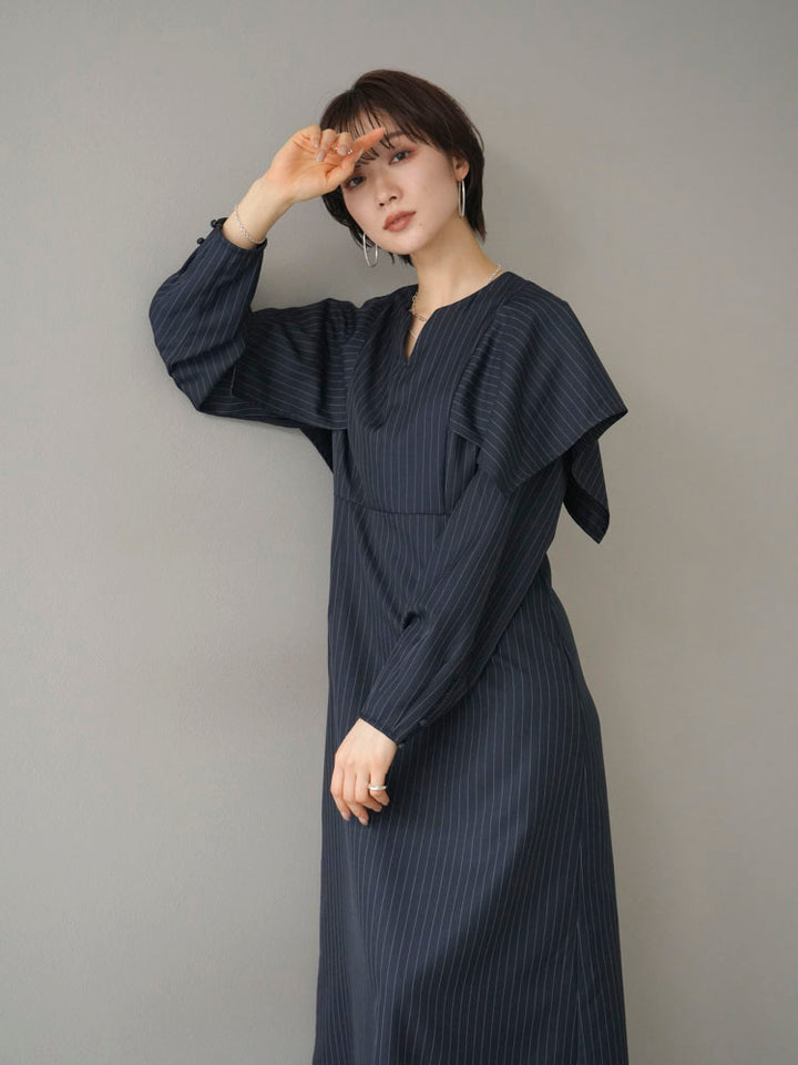 [Pre-order] Pinstripe Cape Design Dress/Navy