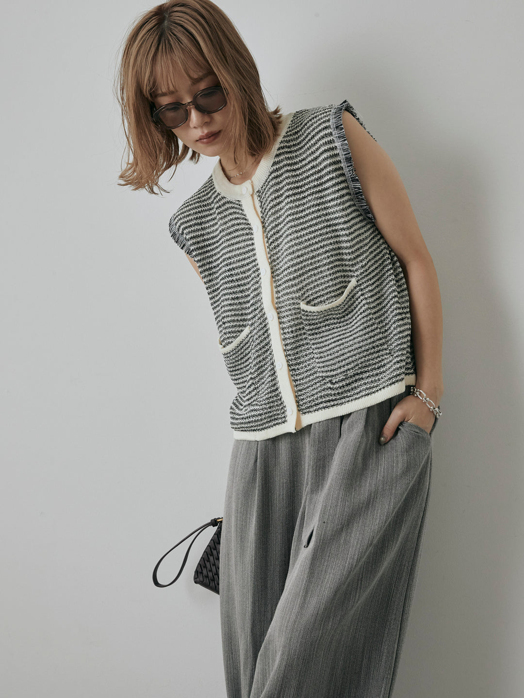 [予約]ボーダー袖フリンジニットベスト/オフ