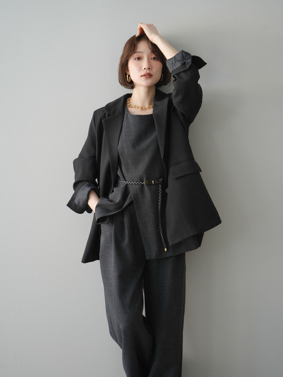 [SET]ベルト付ノースリーブトップス＆ワイドパンツSETUP