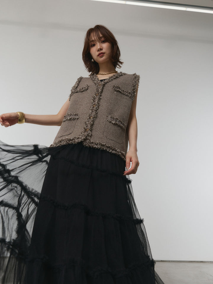 [予約]アンティークボタンツイードフリンジニットベスト/ブラウン