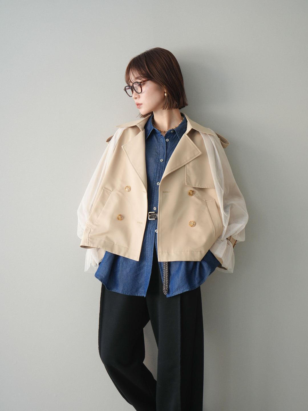 【預購】薄紗層疊蓬鬆袖短風衣/米色