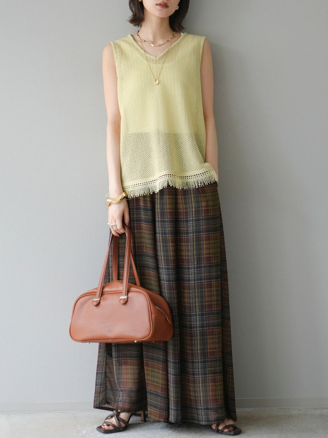 [予約]裾フリンジVネックニットタンクトップアンサンブル/イエロー