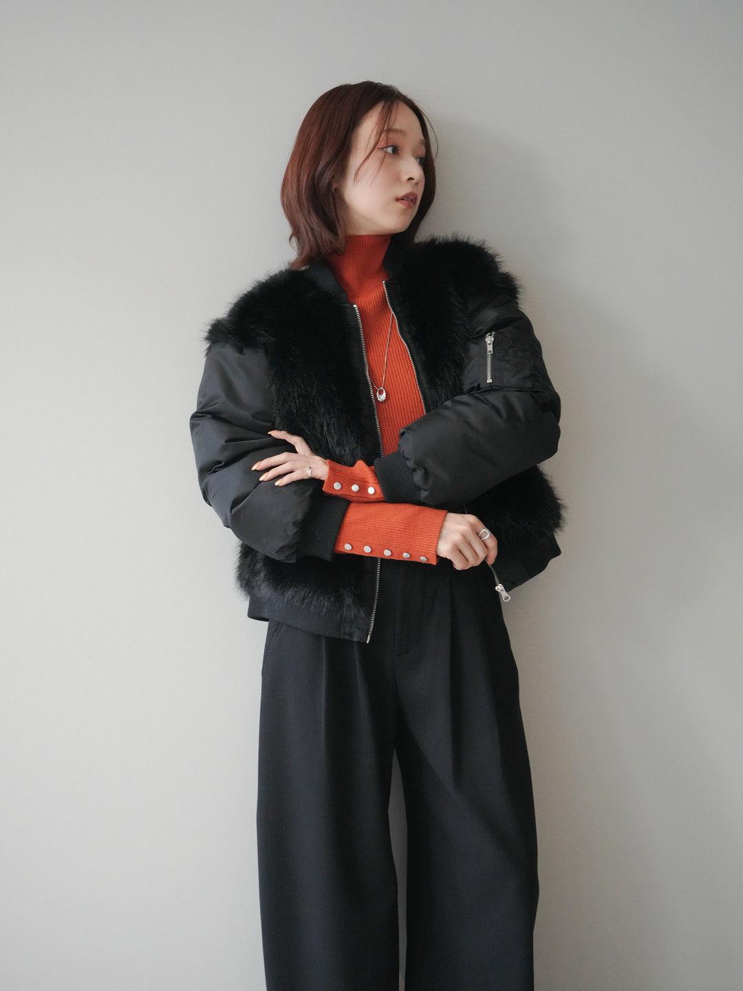 [SET]ファードッキングMA-1+袖ボタンボトルネックリブニットトップス+アニマル柄ベルト付きウールタッチワイドパンツ(3set)