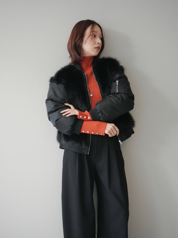 [SET]ファードッキングMA-1+袖ボタンボトルネックリブニットトップス+アニマル柄ベルト付きウールタッチワイドパンツ(3set)