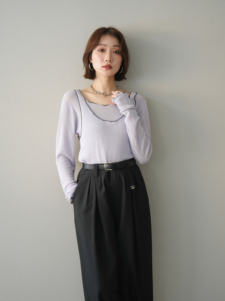 [SET]バイカラーメローアンサンブルシアーニットトップス+ベルト付キーホルダーモチーフワイドパンツ(2set)