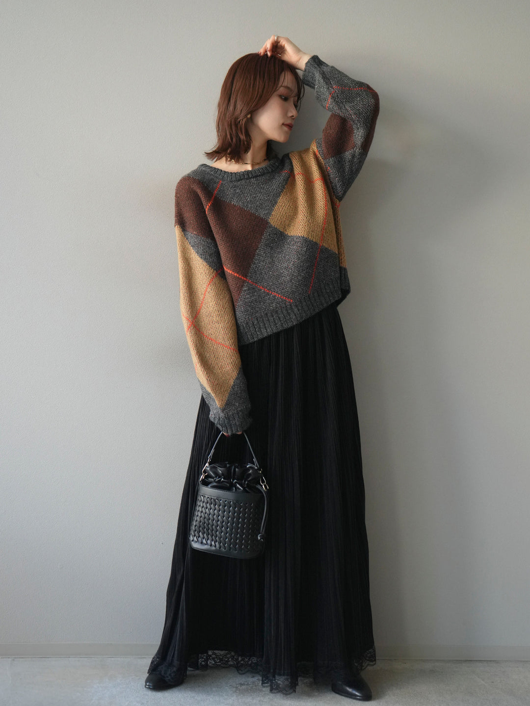 [SET]配色ステッチアーガイル柄ニットプルオーバー+裾レーススウェードプリーツマキシスカート(2set)