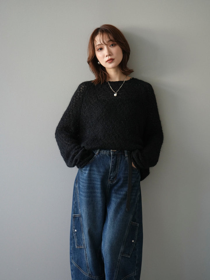 [予約]透かし編みモヘアタッチポコポコニットプルオーバー/black