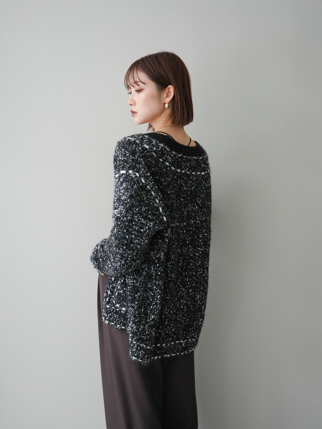 [SET]ブークレハンドステッチニットカーディガン+ベルトループデザインワイドパンツ(2set)