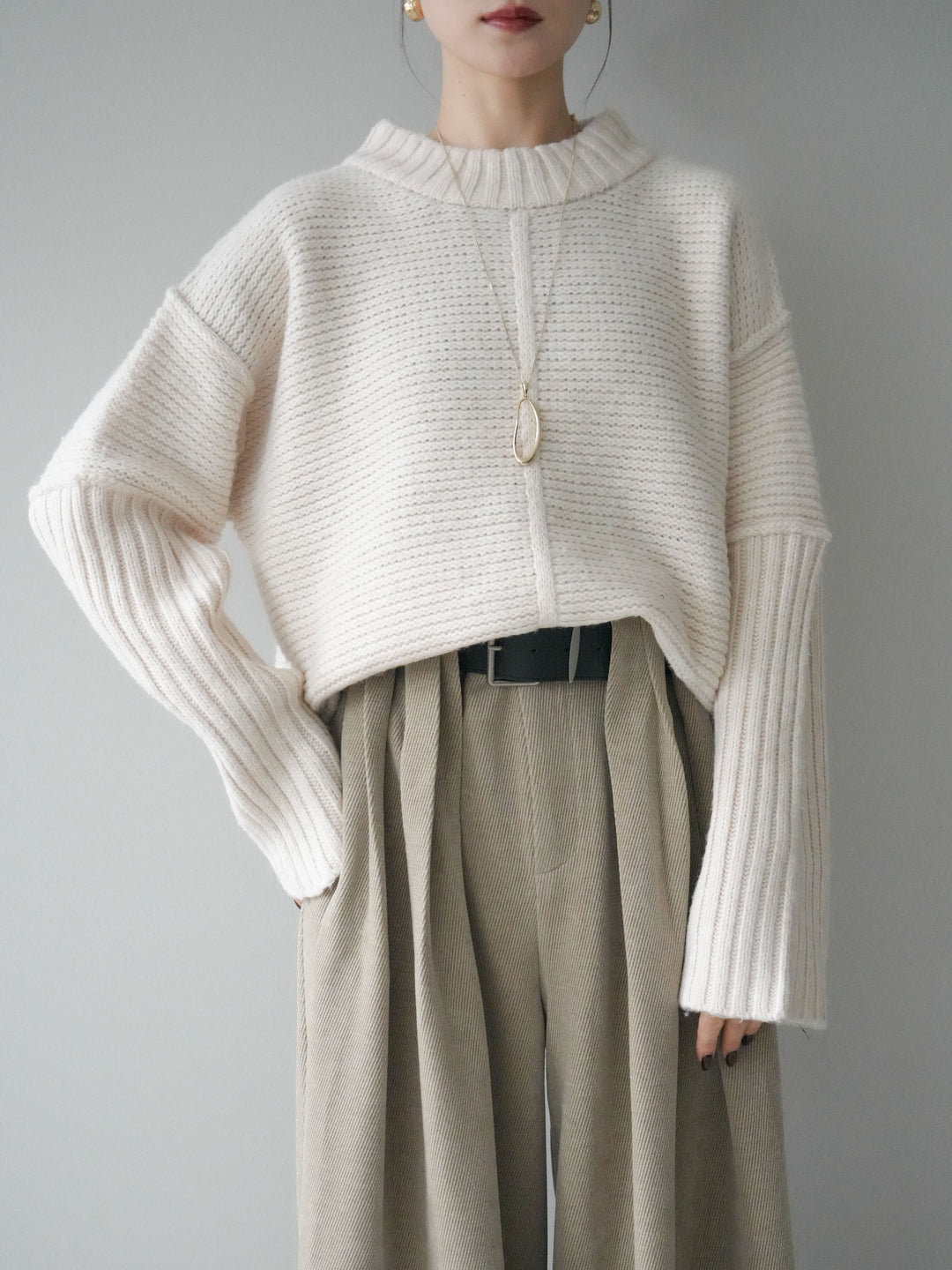 [SET]編み地切替ボトルネックニットプルオーバー+ベルトデザインループコールテンワイドパンツ(ベルト付き)(2set)