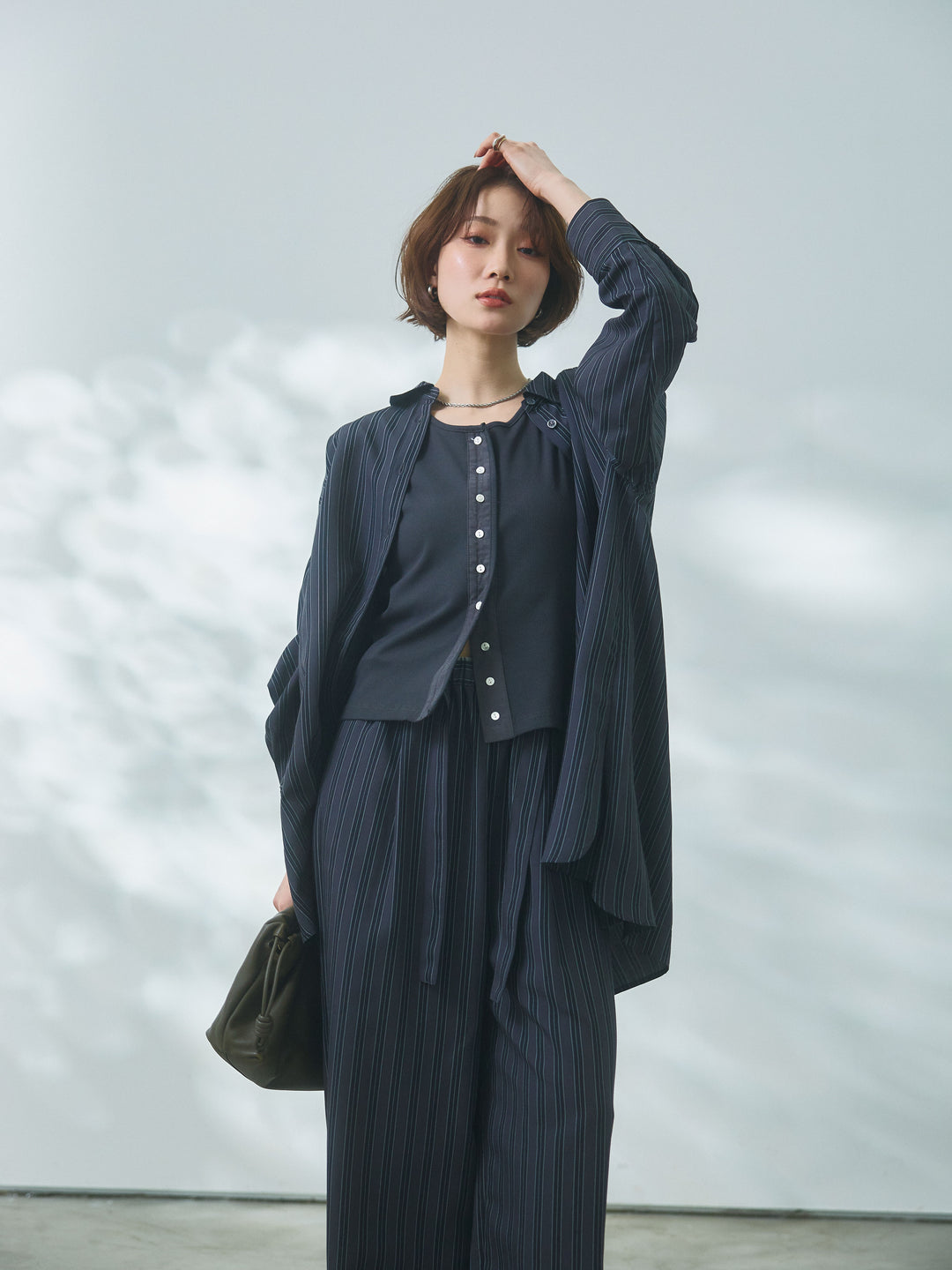 【Allure】[SET]ストライプオーバーシャツ+フロントボタンテレコリブタンクトップ+ストライプイージーパンツ(3set)