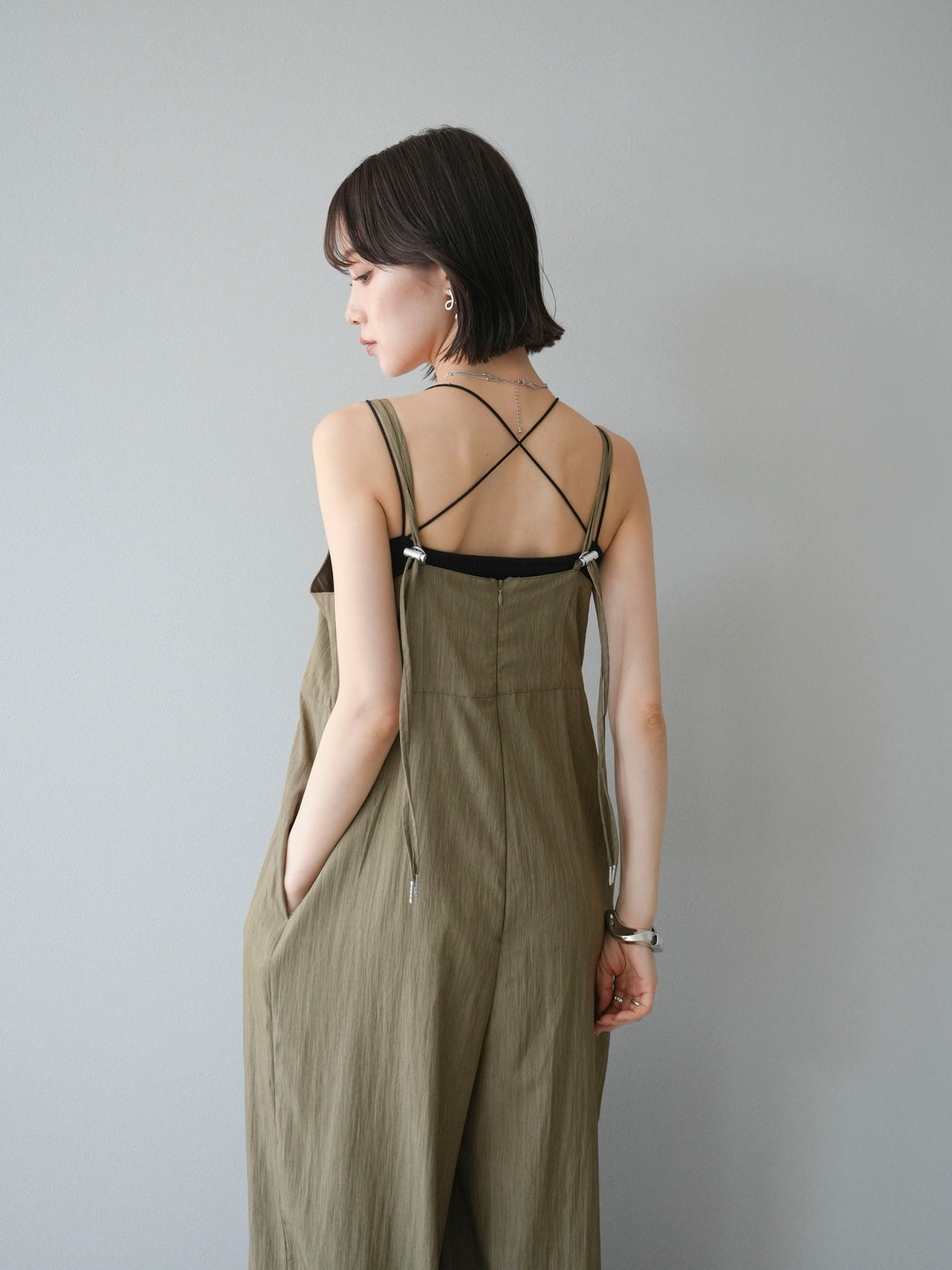 [予約]リネンライクビスチェデザインサロペット/グレージュ