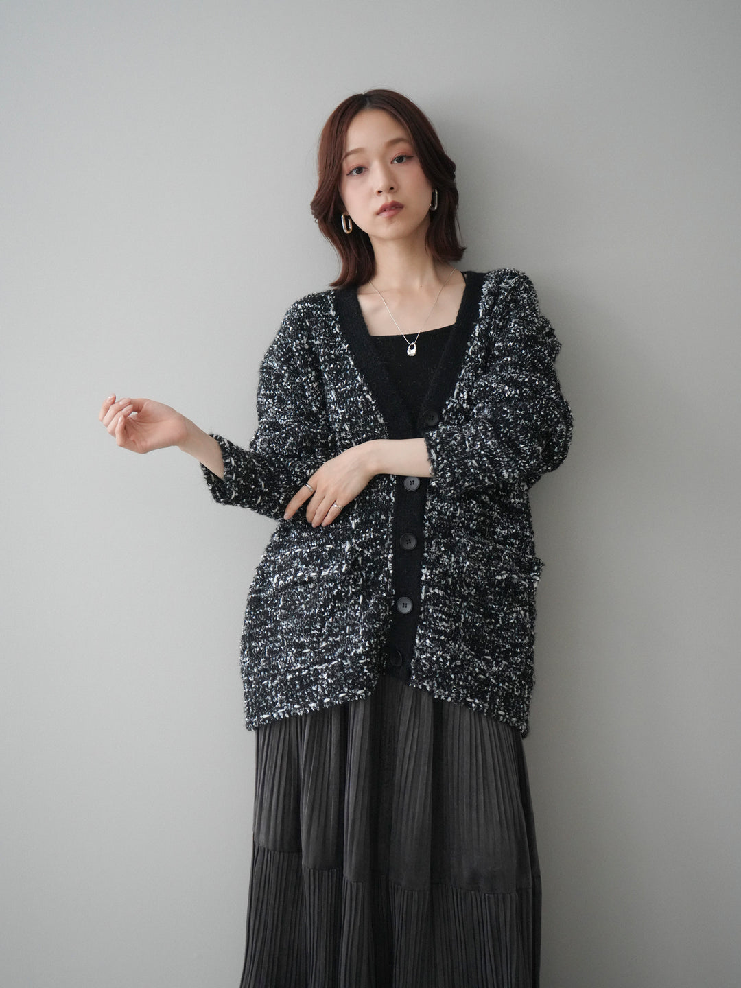 [SET]モールネップニットカーディガン+ベロアティアードワッシャースカート(2set)