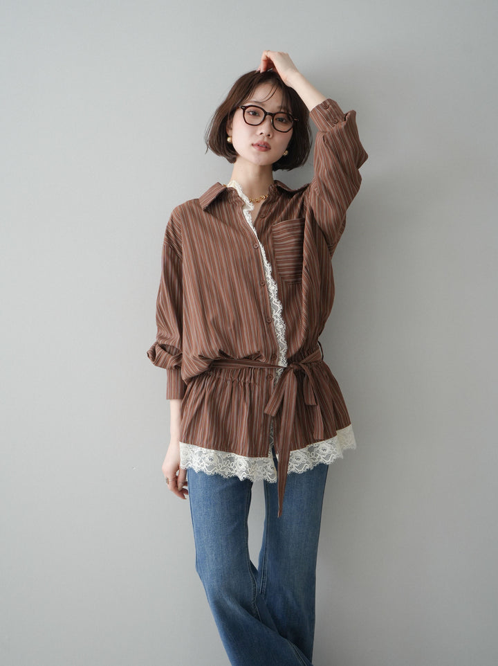 [SET]レース付ストライプウエストギャザーシャツ+フリンジデザインセミフレアデニム(2set)