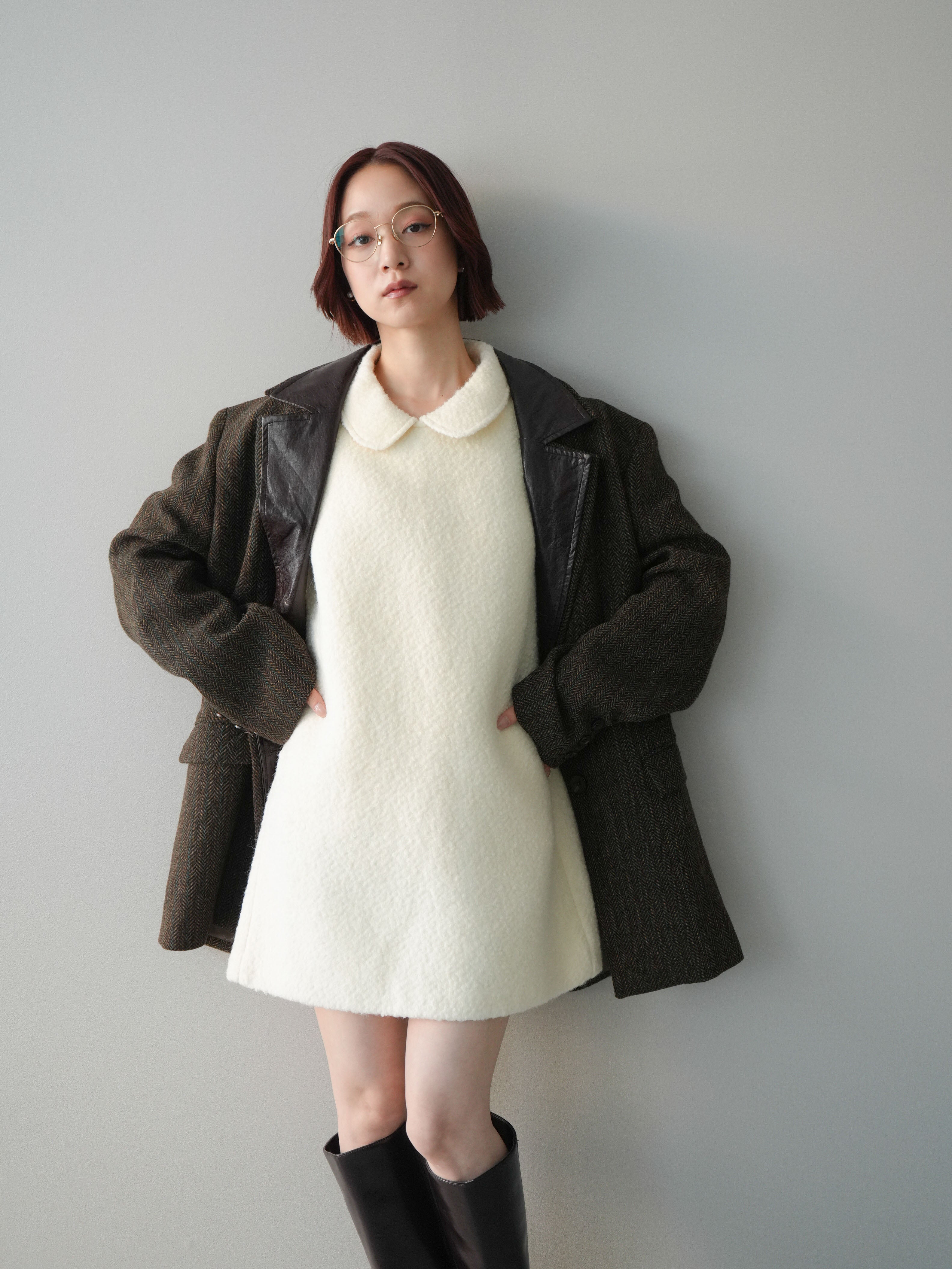 SET]襟付きブークレミニワンピース+レイヤードデザインツイード