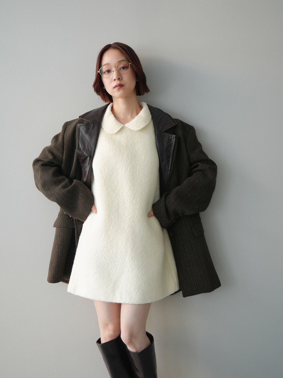 [SET]襟付きブークレミニワンピース+レイヤードデザインツイードテーラードジャケット(2set)