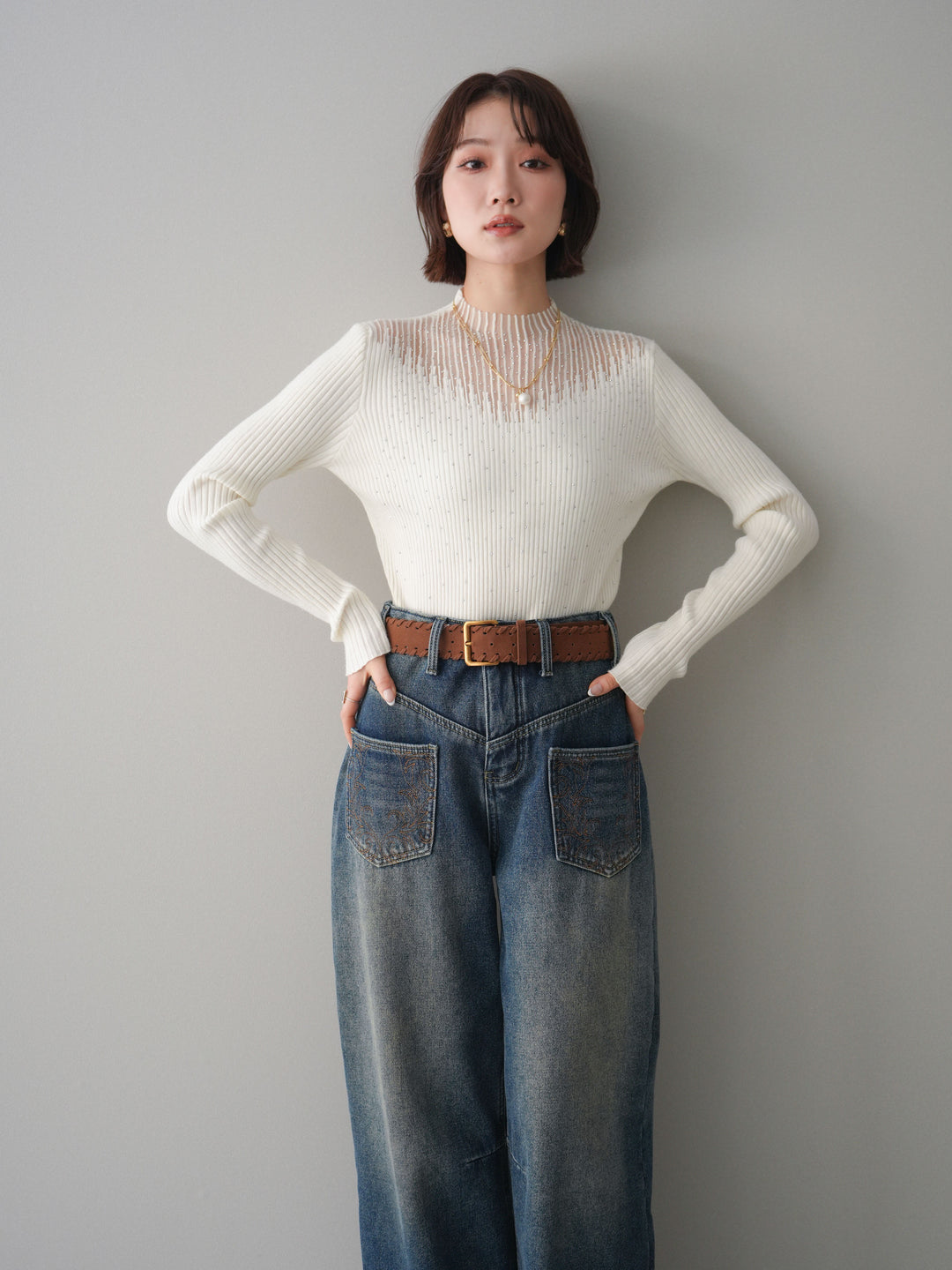 [SET]シアー切替スパンコールリブニットトップス+ベルト付ポケット刺繍カーブデニムパンツ(2set)