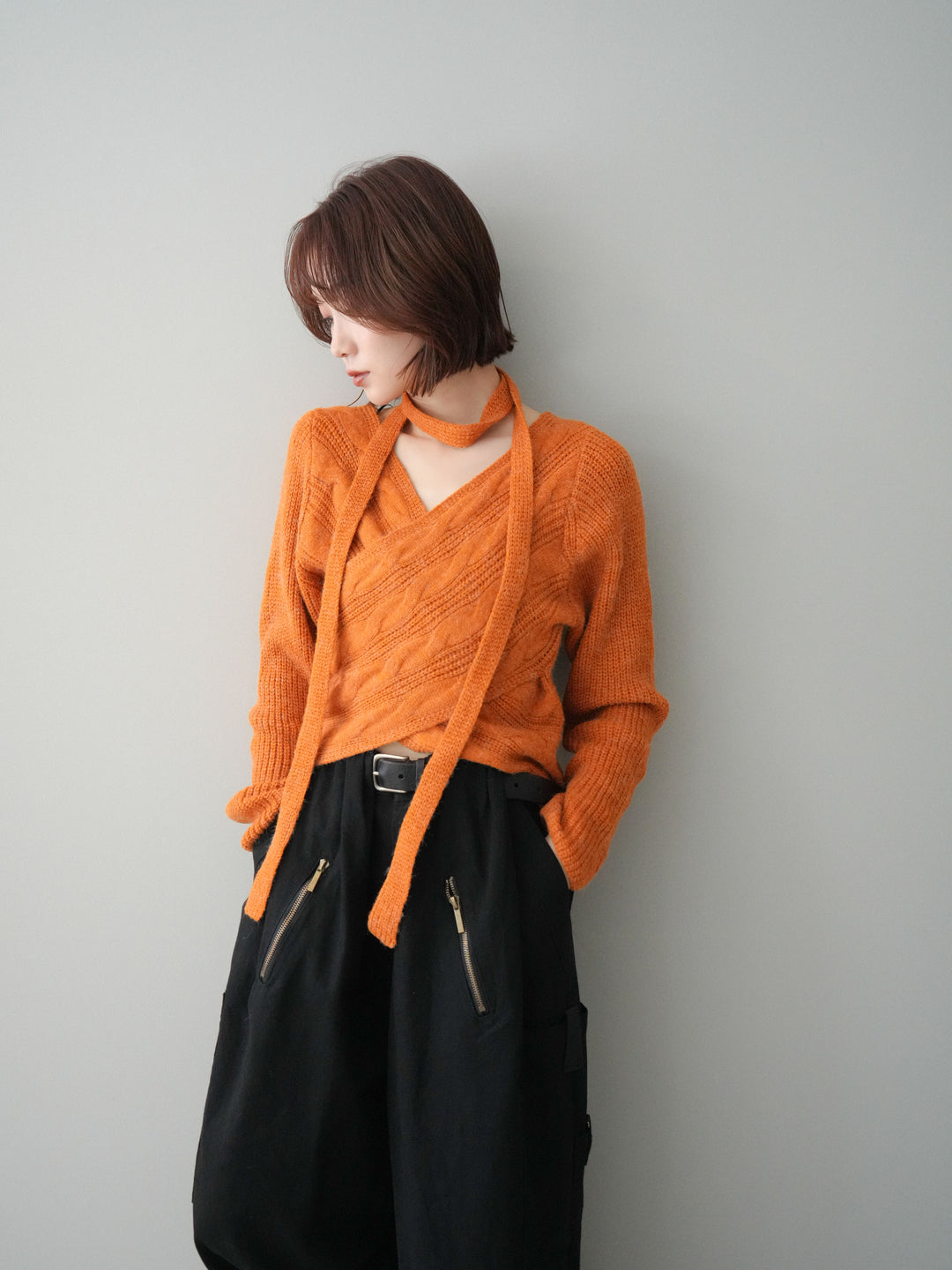 [予約]ケーブル編みクロスニットトップス/orange