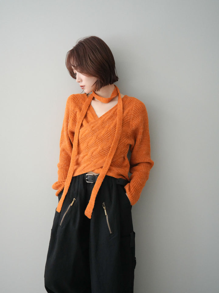 [予約]ケーブル編みクロスニットトップス/orange