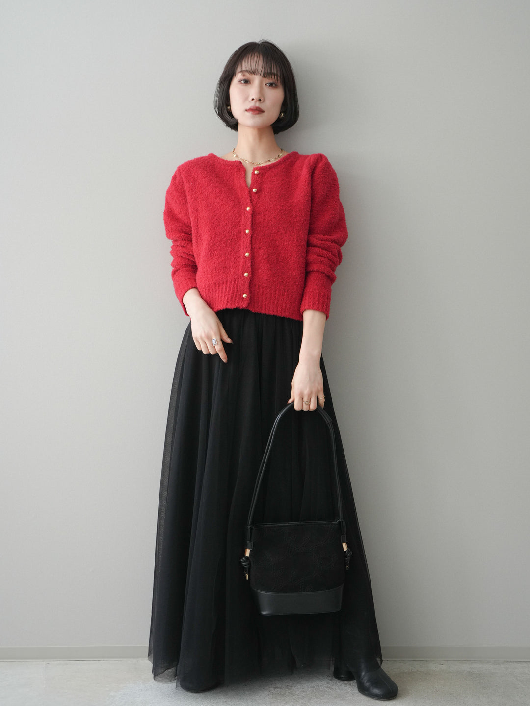 [SET]ゴールドボタンブークレニットカーディガン+チュールボリュームスカート(2set)