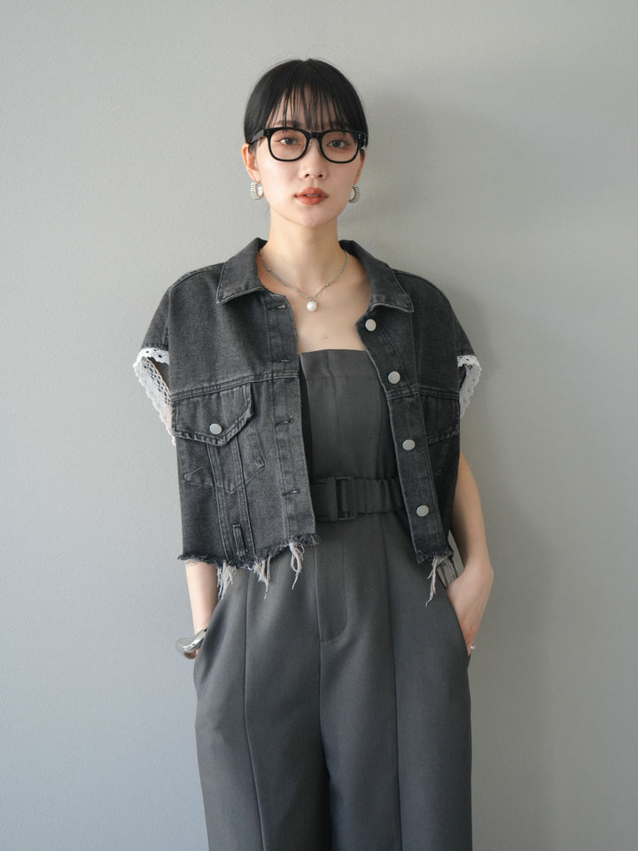 [予約]袖レースダメージデニムショートジャケット/ブラック