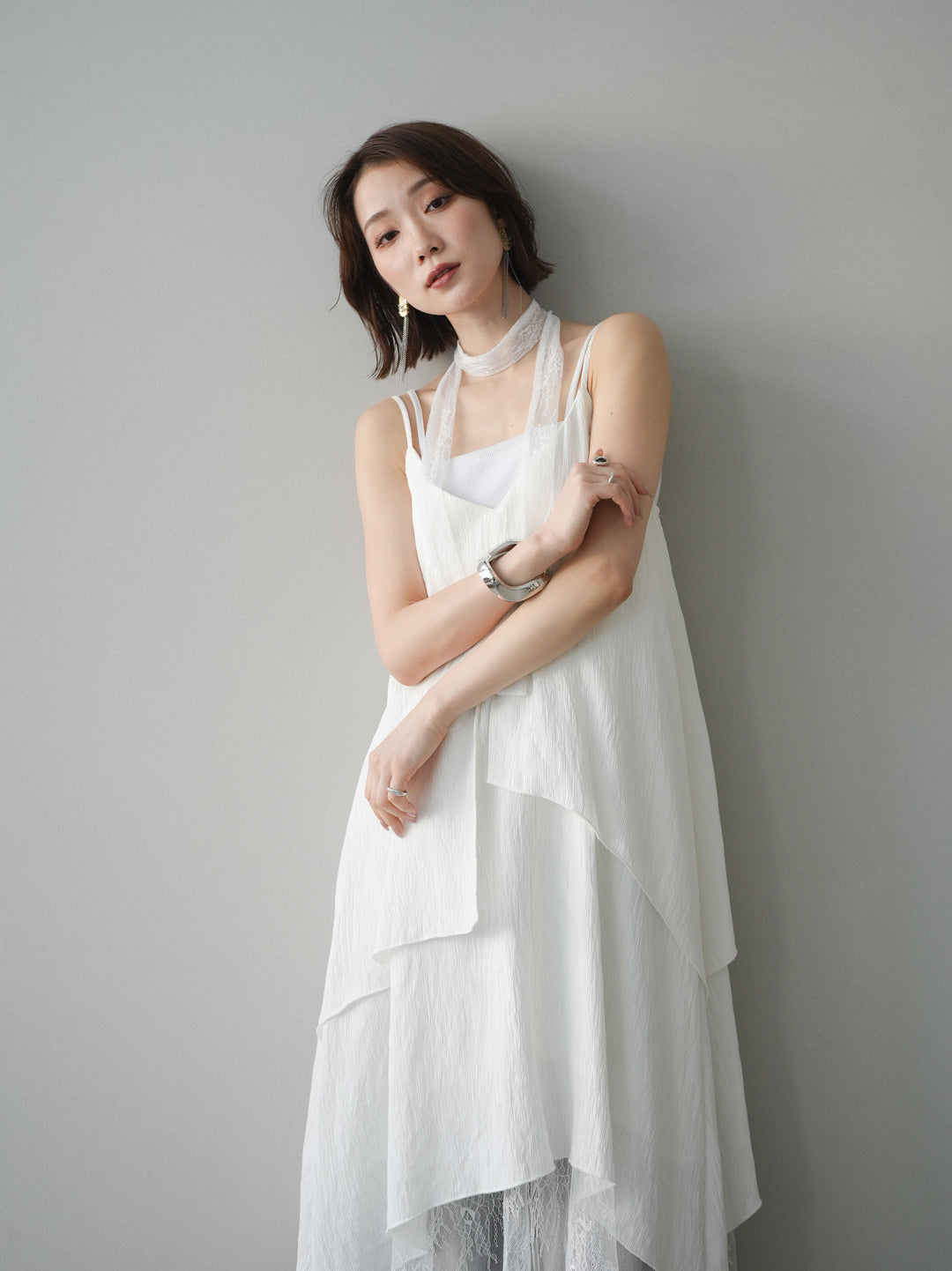 [予約]レース切替アシンメトリーワンピース/white