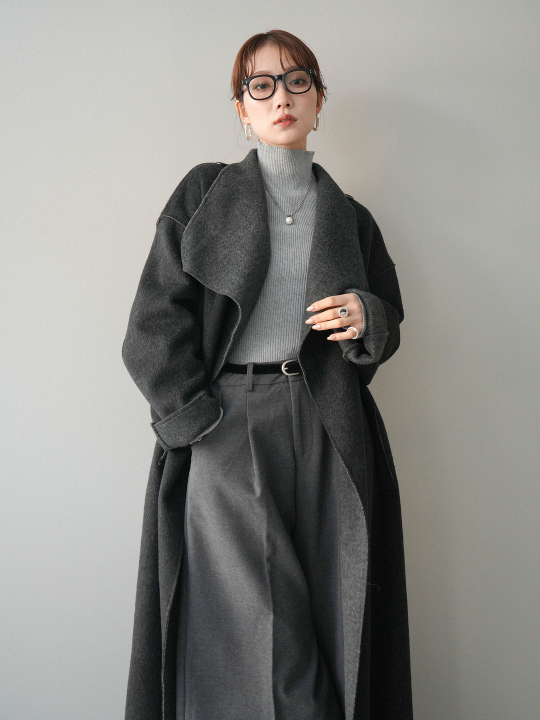[予約]ダブルフェイスバイカラーロングコート/charcoal