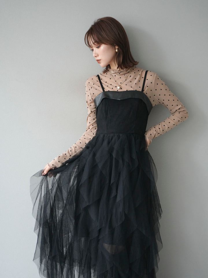 [予約]レザー切替チュールラッフルワンピース/black
