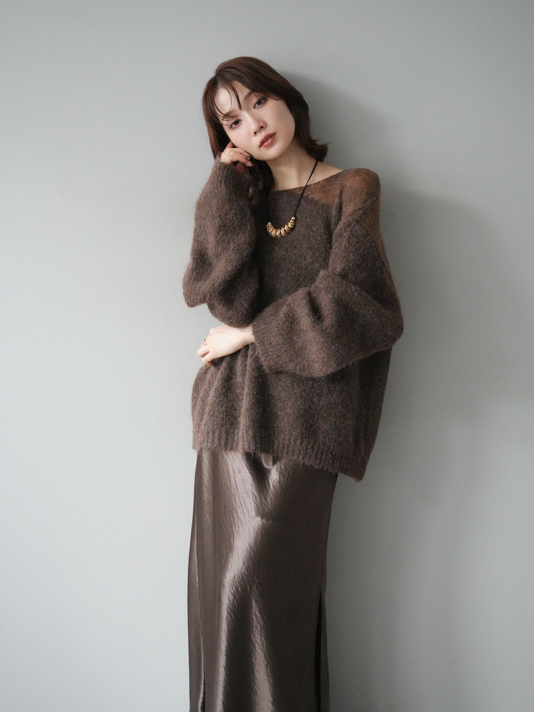 [予約]ネック透かし編みニットプルオーバー/ダークブラウン
