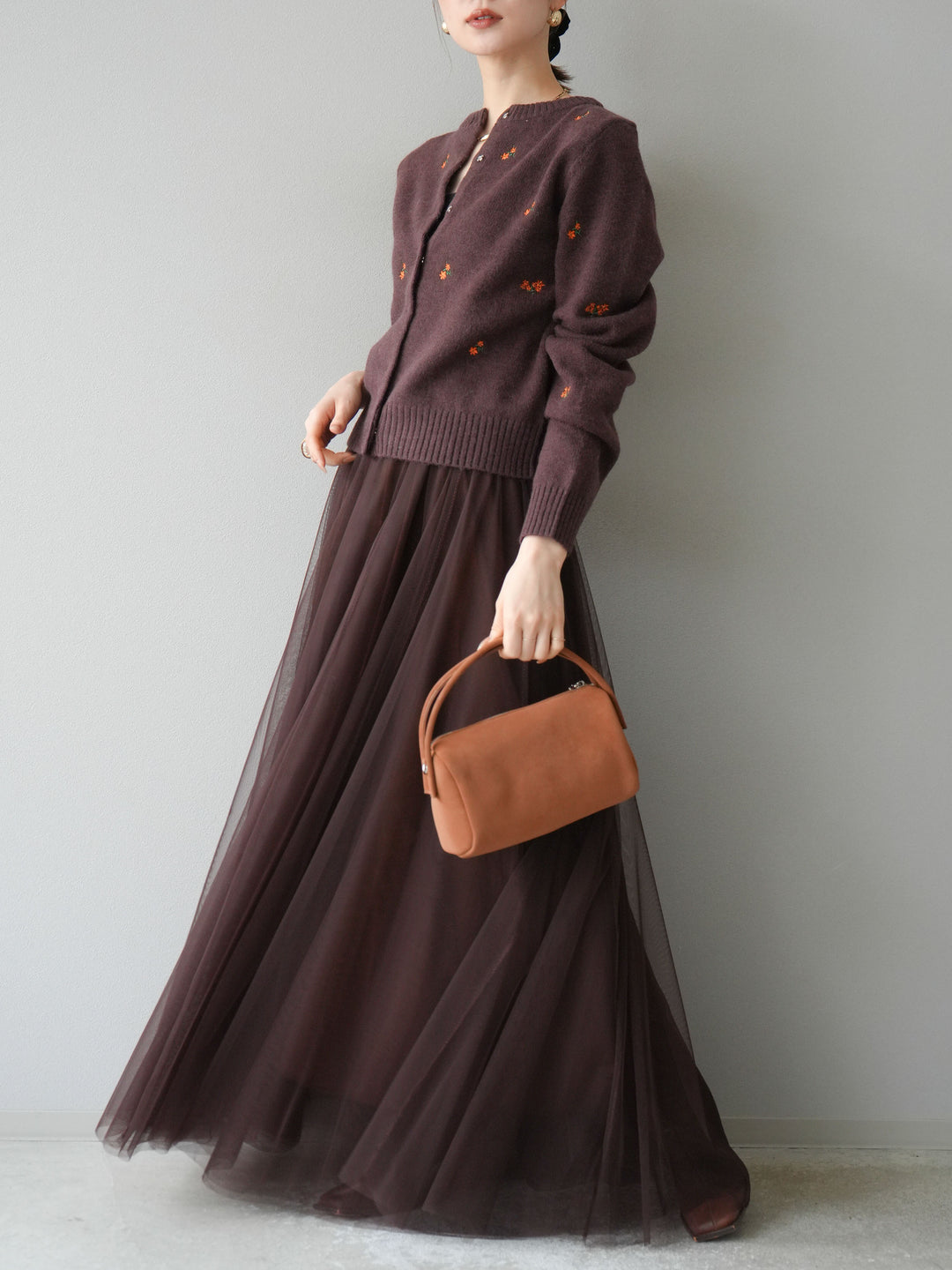 [SET]フラワー刺繍ニットカーディガン+チュールボリュームスカート(2set)