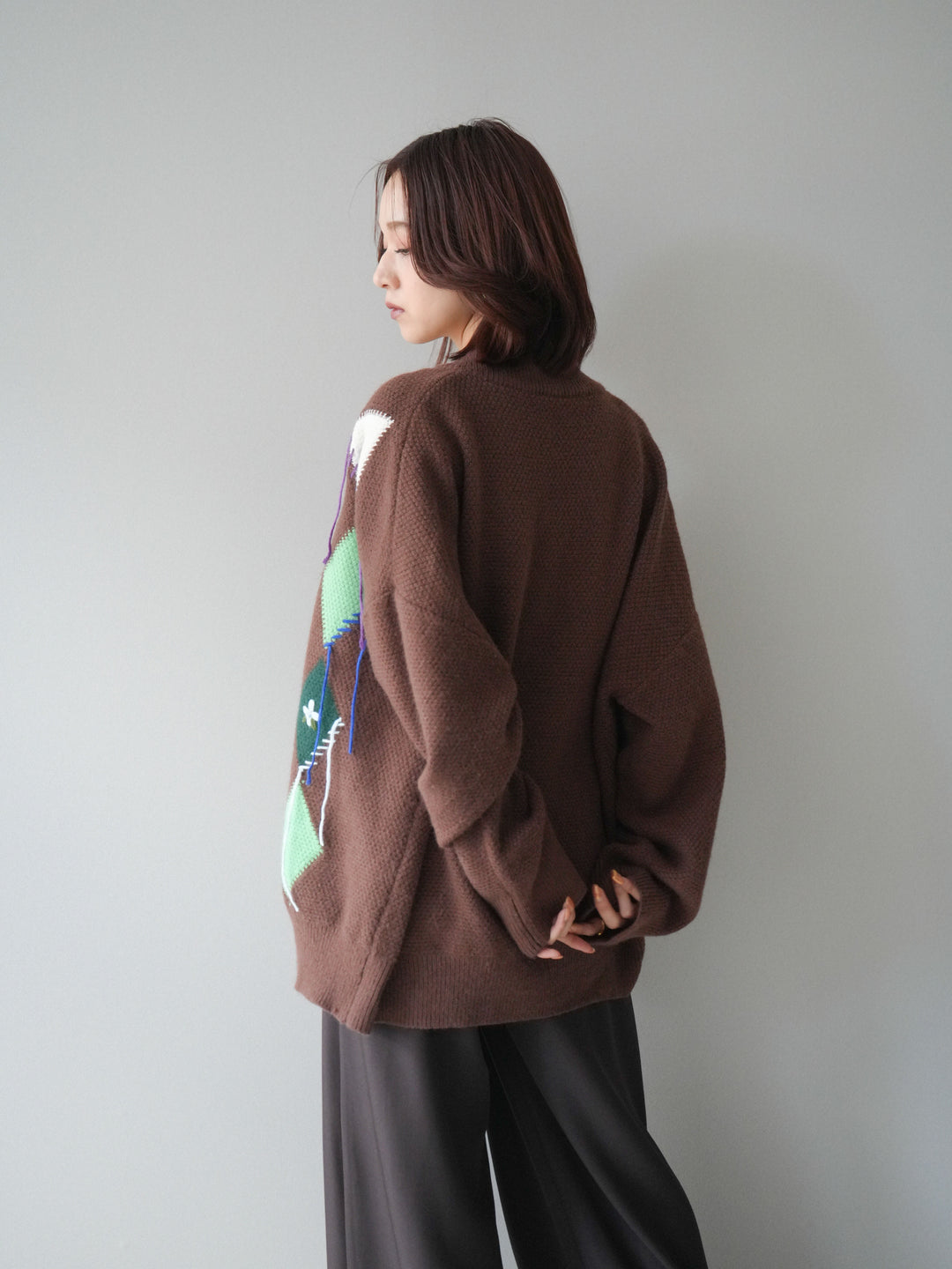 [SET]ハンドステッチアーガイルデザインニットカーディガン+ベルトループデザインワイドパンツ(2set)