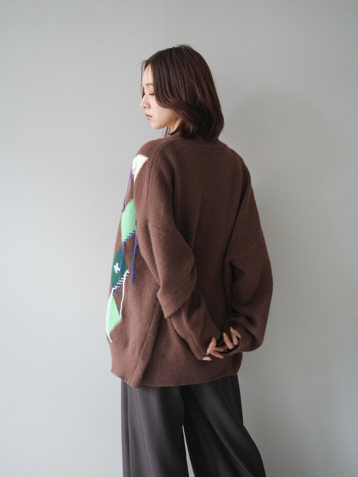 [SET]ハンドステッチアーガイルデザインニットカーディガン+ベルトループデザインワイドパンツ(2set)