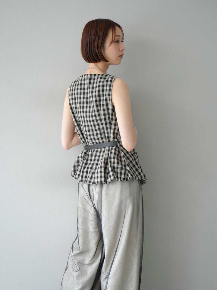 [SET]ベルトデザインバルーンブラウス+レースタックイージーパンツ+コード刺繍チュールレイヤードパンツ(3set)