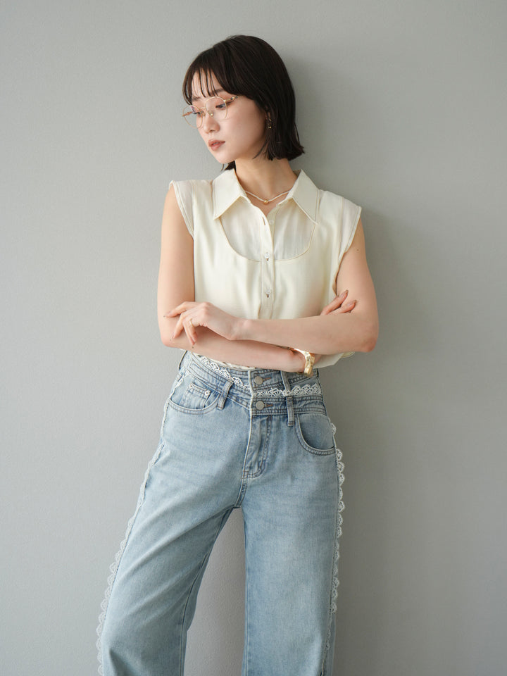 [SET]ステッチシアーレイヤードデザインブラウス+ラインレースデニムパンツ(2set)