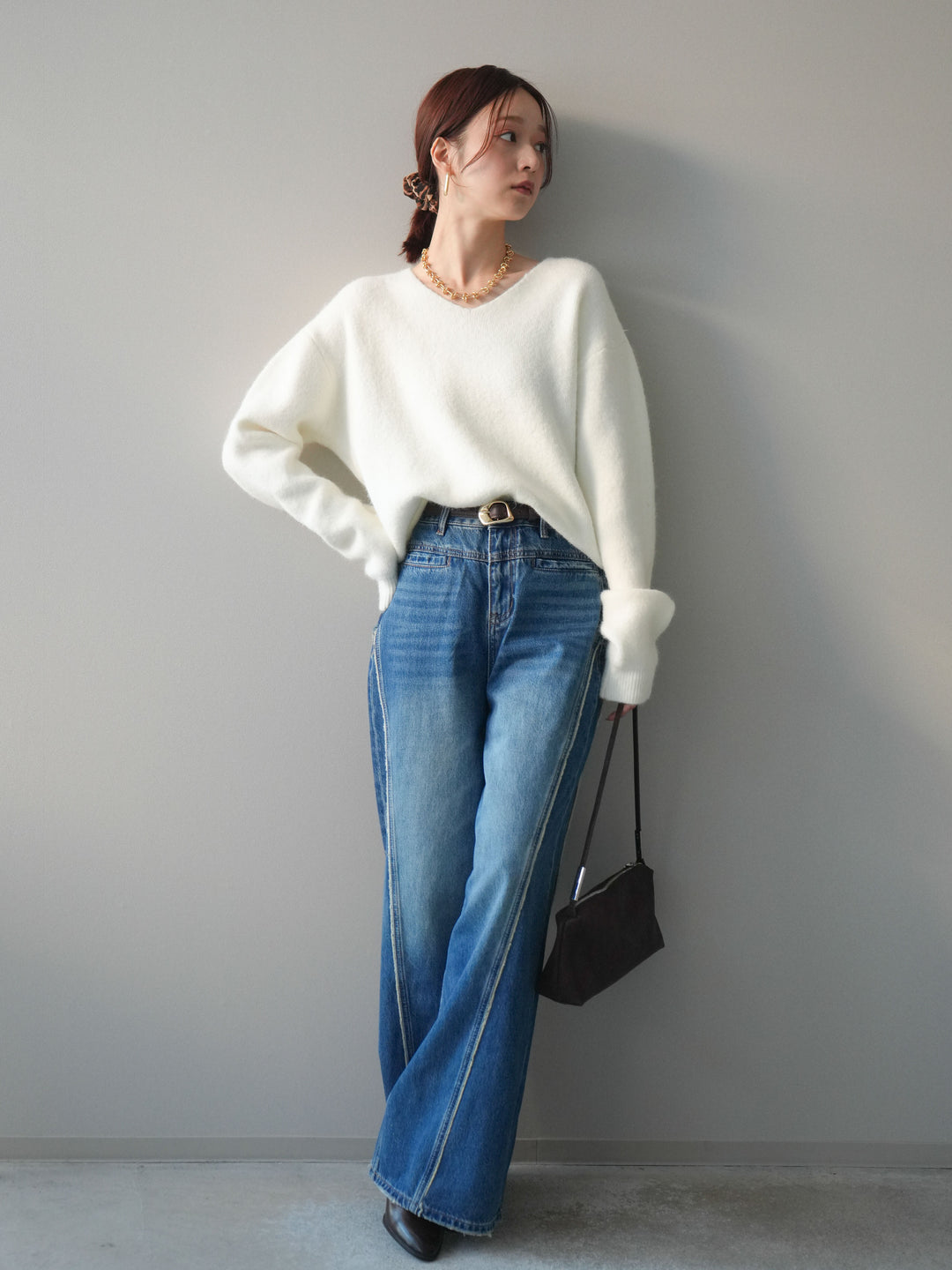 [予約]サイドフリンジワイドデニムパンツ/navy