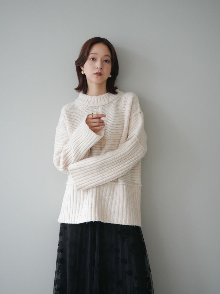 [SET]編み地切替ボトルネックニットプルオーバー+フラワーフロッキーチュールプリーツスカート(2set)