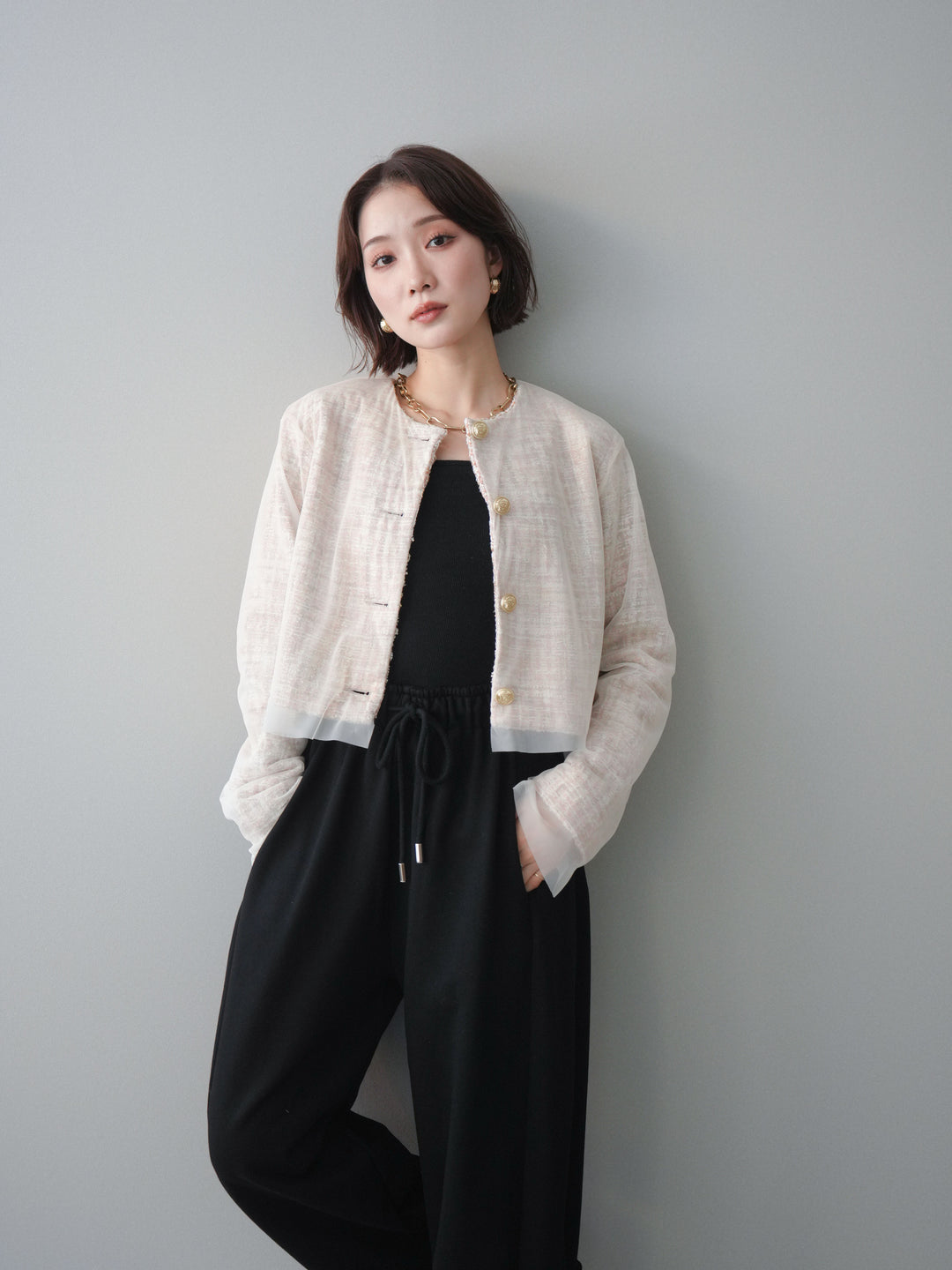 [予約]チュールレイヤードツイードクロップドジャケット/orange