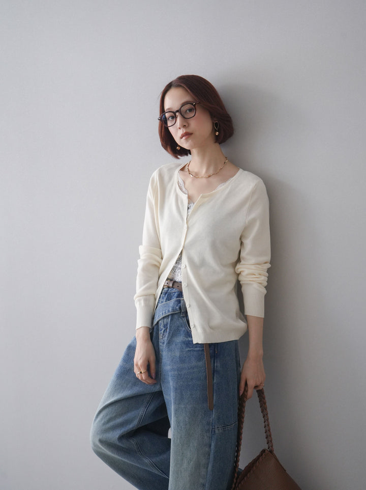 [SET]レースレイヤードニットカーディガン+アシメデザインワイドデニムパンツ(2set)