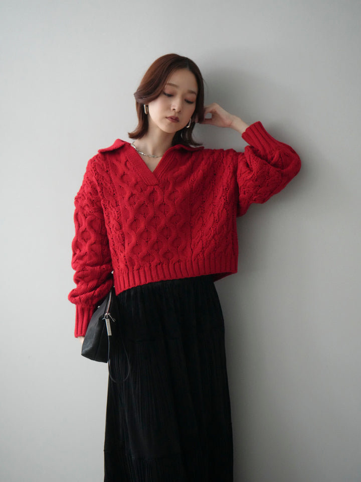 [SET]バルキーケーブルクロップド開襟プルオーバー+ベロアティアードワッシャースカート(2set)