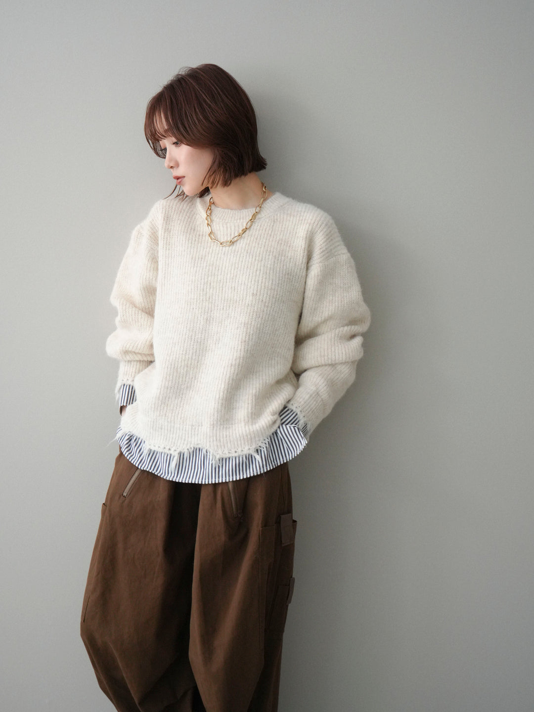 [SET]裾シャツレイヤードダメージニットプルオーバー+コットンタックループパンツ(2set)