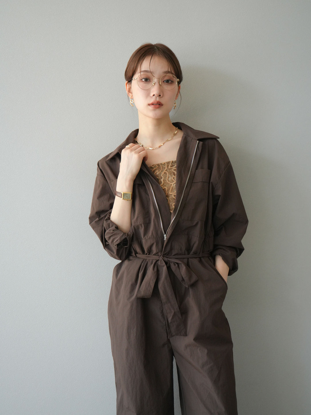 [予約]ナイロンジャンプスーツ/ブラウン