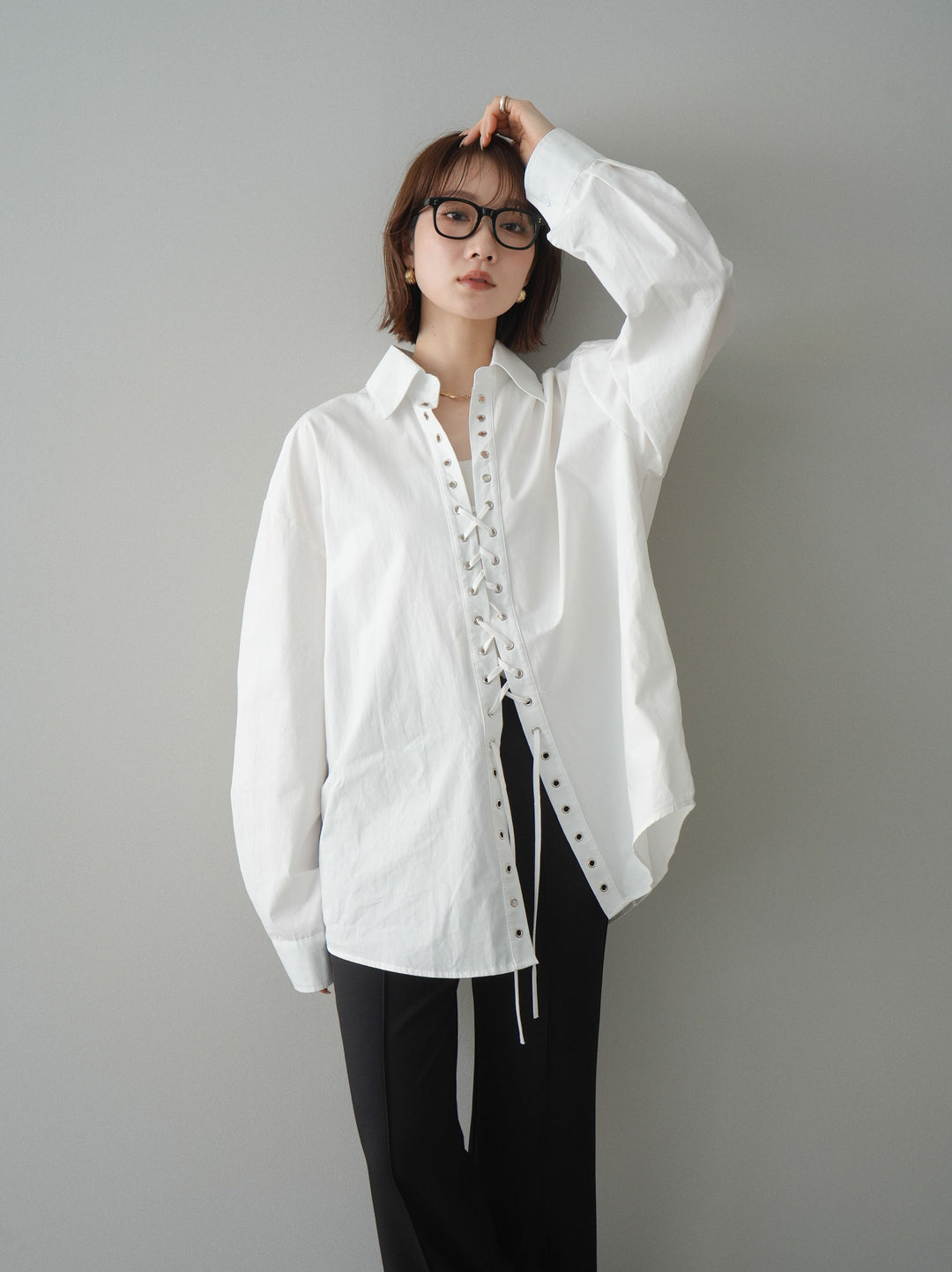 [SET]レースアップブロードシャツ+センターシームフレアパンツ(2set)