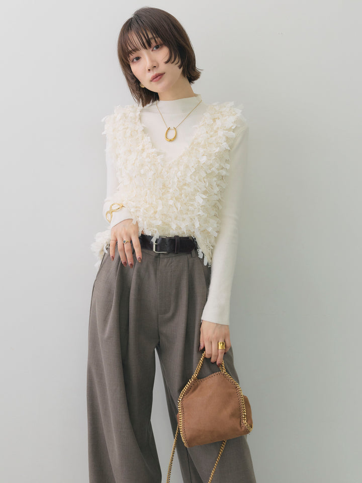 [SET]リボンフリンジベスト+ベルトデザインツータックドレープワイドパンツ(2set)