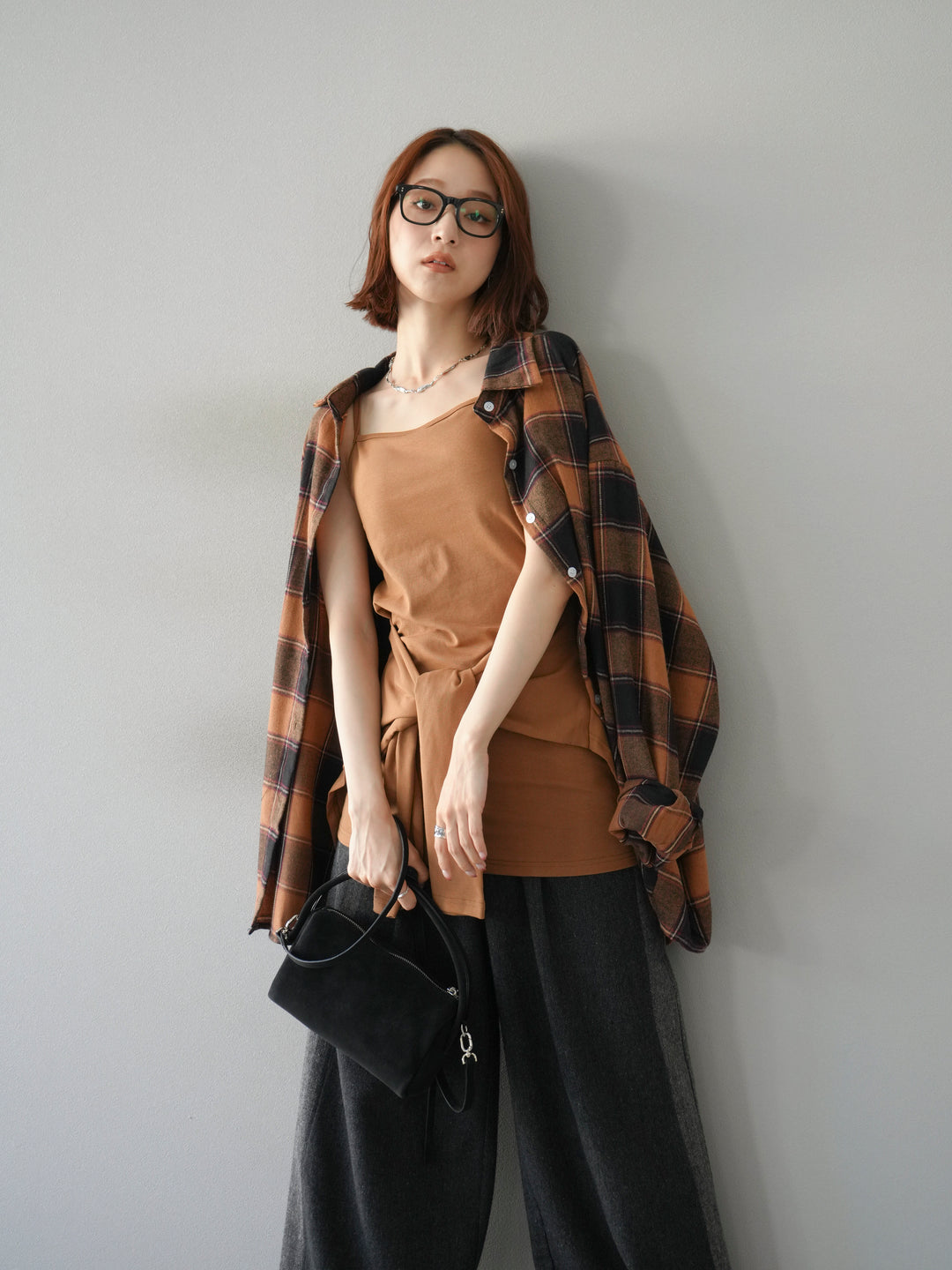 [予約]カップ付キャミ付チェックシャツチュニック/ブラウン