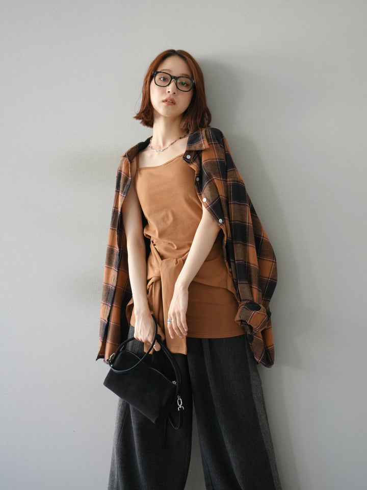 [予約]カップ付キャミ付チェックシャツチュニック/ブラウン