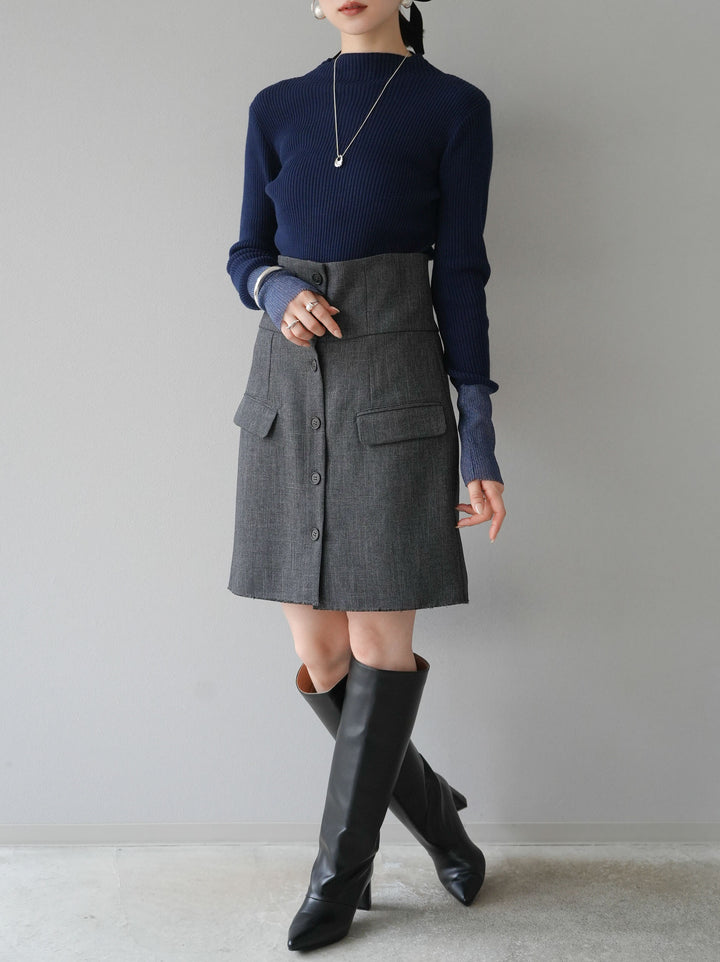 [予約]袖ラメシアー切替リブニットトップス/ネイビー