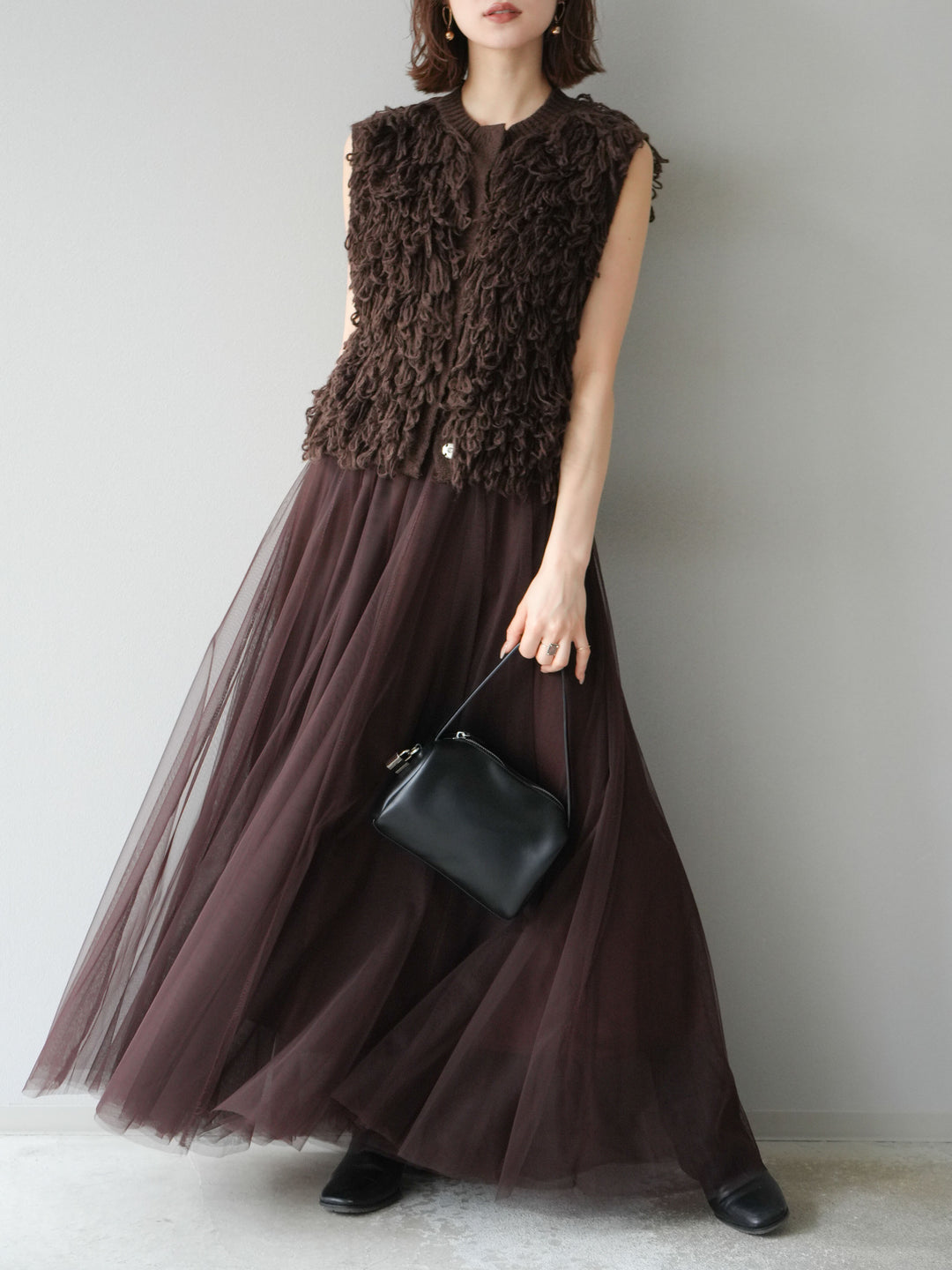 [予約]前開きループニットベスト/ブラウン