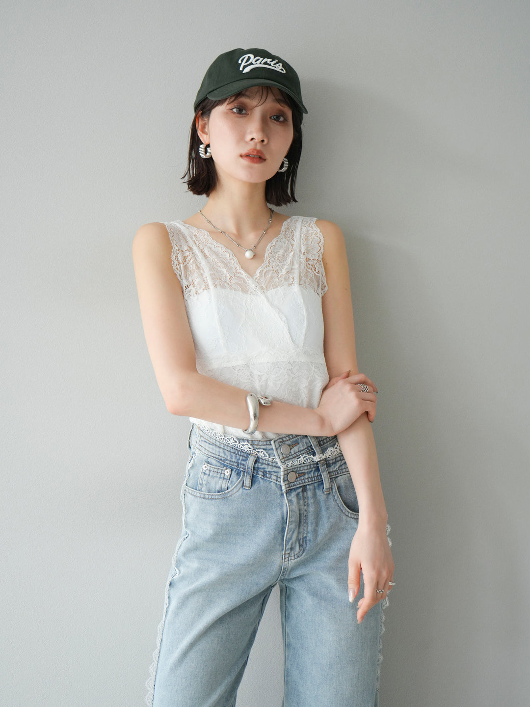 [予約]カップ付レースタンクトップ/ オフ