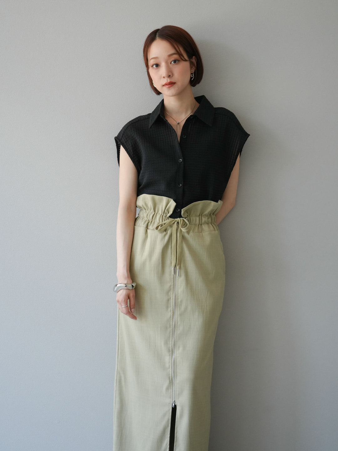 [SET]シアーチェックノースリーブシャツ+ヘザーエステルギャザージップスカート(2set)